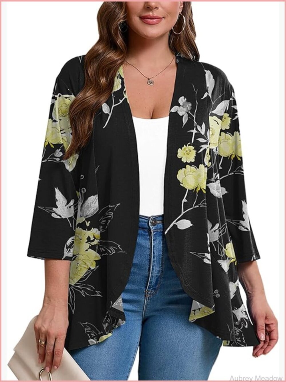 Plus Size Lightweight Open Front Cardigan 3/4 Sleeve Draped Ruffles Kimono